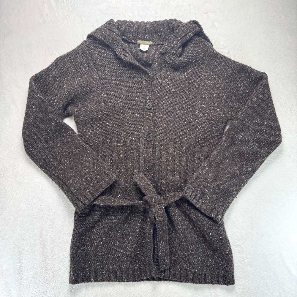 J. Crew Factory Brown Speckled Hooded Belted Cardigan Sweater